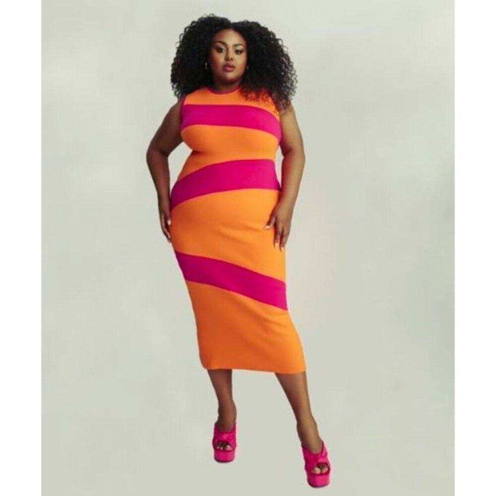 Hilary MacMilan Maxi Dress 3X Knit Color Block Bodycon Sleeveless Asymmetric